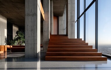 A modern interior featuring wooden stairs, large windows, and concrete columns, creating an open and stylish atmosphere.