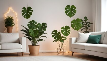 Una planta en maceta con grandes hojas verdes en una sala de estar moderna, con un sofá borroso y luces de cadena en el fondo