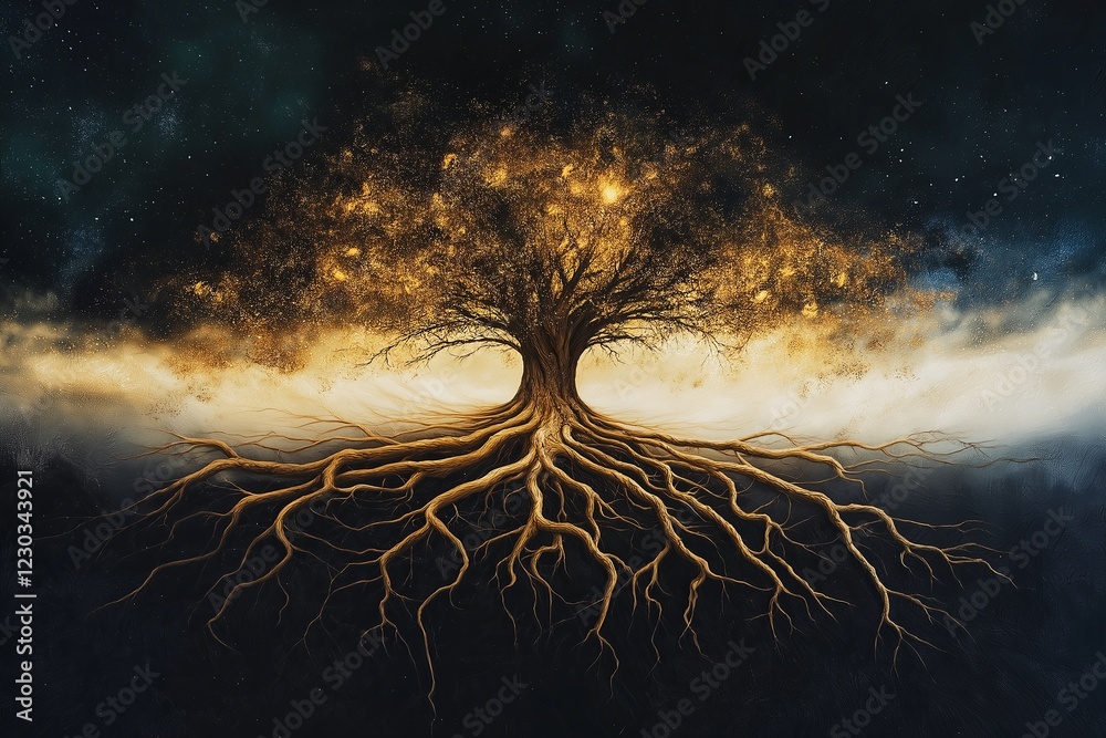 Poster A tree with its roots extending into a galaxy