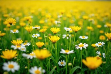 Obraz premium A colorful carpet of white and yellow flowers covers the green meadow, meadow flowers, sunflower field