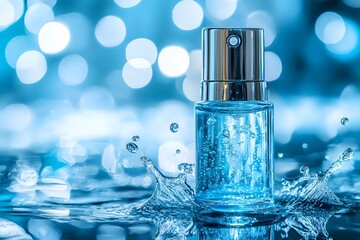 Refreshing Blue Gel Spray Bottle with Water Splash Hydrating Skincare Product