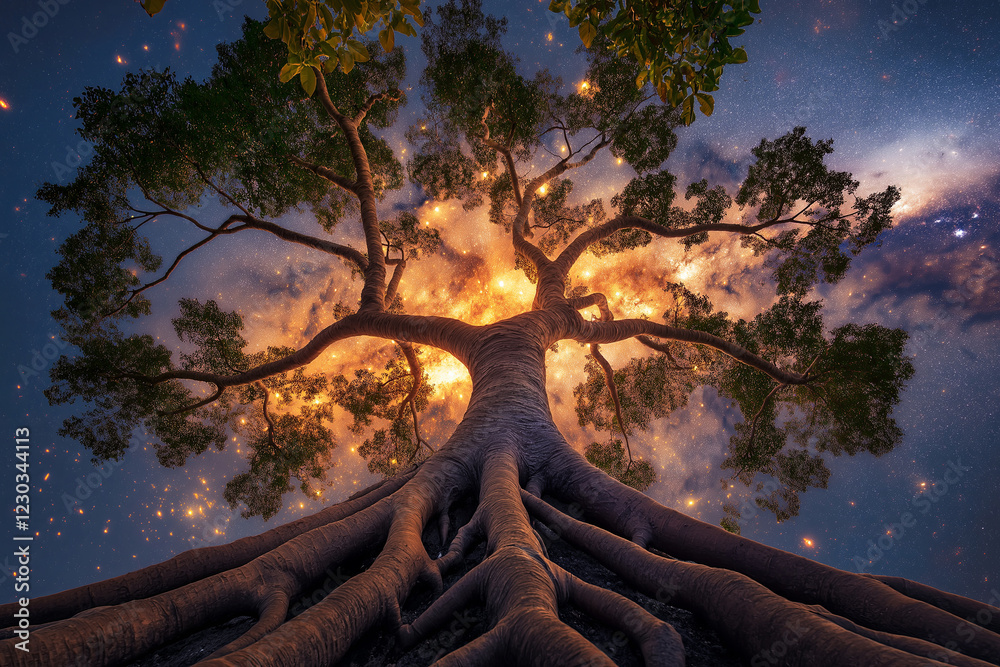 Poster A tree with its roots extending into a galaxy