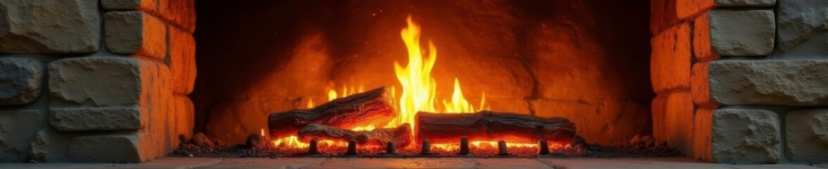 Warm golden flames dance atop the rustic stone fireplace, stone fireplace, rustic fireplace