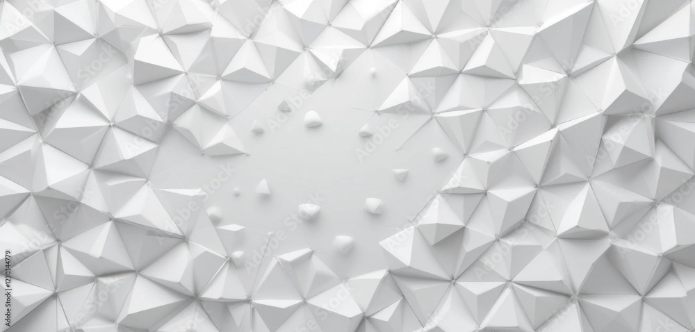 Poster Abstract white geometric background with 3D triangular shapes and small random forms