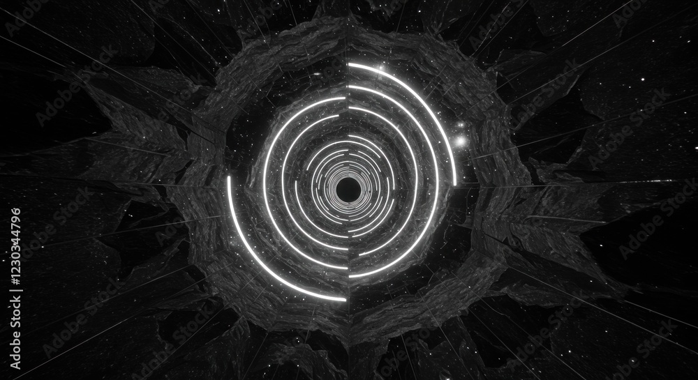 Poster Abstract concentric circular pattern with glowing lines in a rocky tunnel like structure