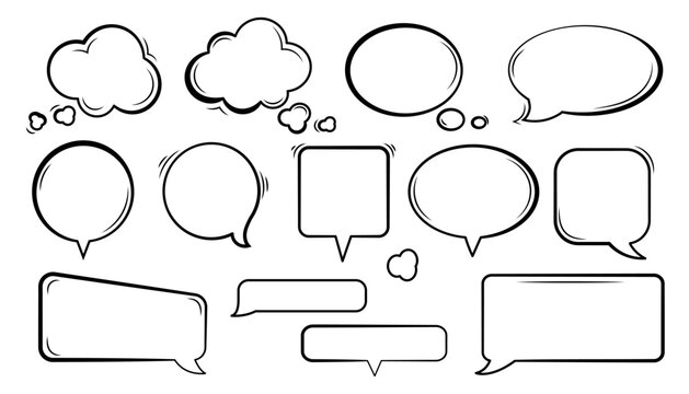 Hand Drawing speech and thought bubbles set in black and white, featuring various shapes and styles. Ideal for comic strips, digital illustrations, design projects, and creative templates.Vector