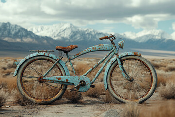 Fototapeta premium Rusty Vintage Bicycle Abandoned In Mountainous Desert