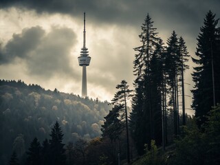 Obraz premium Monochrome Forest & Stuttgart TV Tower: Dramatic Double Exposure Stock Photo