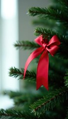 A red bow placed among the branches of a Christmas tree, , solitary placement