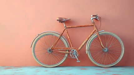 Fototapeta premium Vintage bicycle leaning against a pastel wall, showcasing rustic charm in a serene setting
