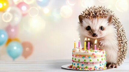 Hedgehog Birthday Celebration: An adorable hedgehog celebrates its birthday with a festive cake adorned with colorful candles. The bokeh background adds a magical touch to this heartwarming image.