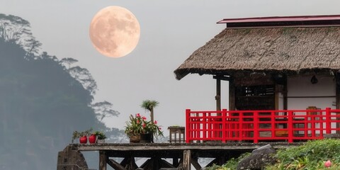 Serene landscape with a red house under a full moon.