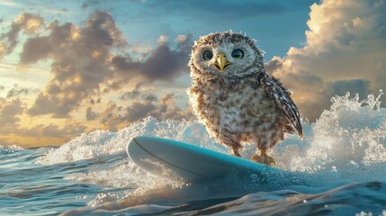 Playful owl Riding the Waves on a Surfboard at Sunset