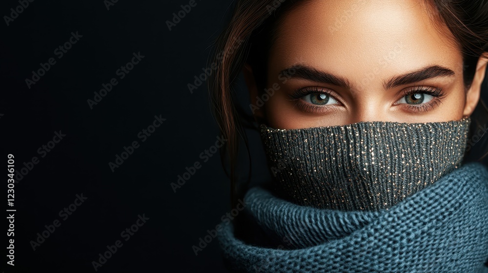 Wall mural This elegant image presents a female model, showcasing mesmerizing eyes, elegantly framed by a knitted scarf, inviting admiration and emotion in a fashionable context.