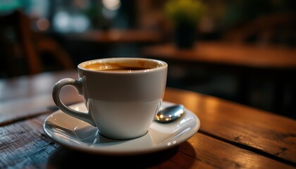 Fototapeta premium A steaming cup of coffee on a wooden table in a cozy cafe setting.