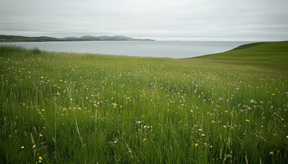 Coastal landscape with grass and sea water beach. Ocean horizon background.