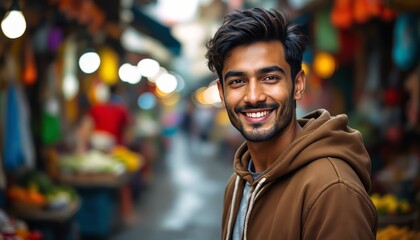 Obraz premium Smiling South Asian man in a hoodie in a vibrant marketplace.