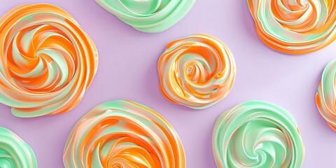 Soft pastel swirls of orange and mint green on a solid lavender background.