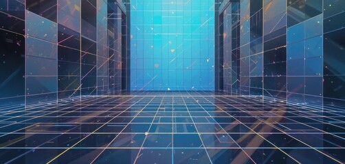 Abstract futuristic space with grid floor and walls with geometric patterns and colorful highlights