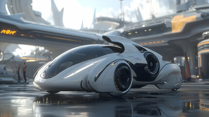 Obraz premium A futuristic vehicle is parked in front of a large building