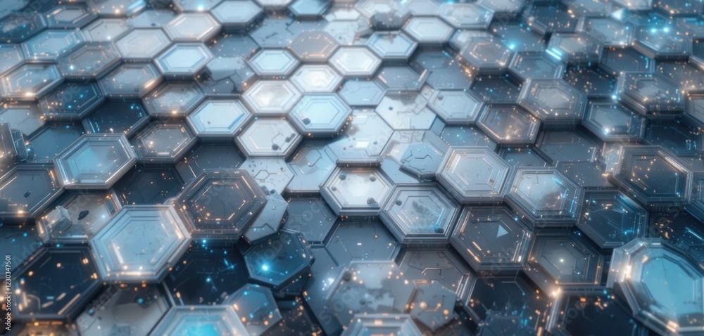 Poster abstract futuristic hexagonal patterned background with metallic and glowing elements