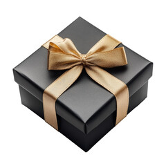 Isolated Black Gift Box with Matte Gold Ribbon, Stylish Presentation