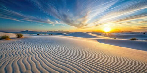 Naklejka premium Soft white sand dunes stretching towards the horizon at sunset, beach landscape, warm colors, natural scenery, sunsets, peaceful ambiance