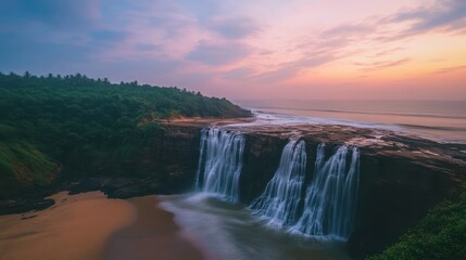 Coastal waterfall sunrise, ocean waves, tropical beach