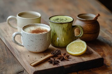 Set of beverages in a hand-thrown ceramic mug or jar includes a matcha latte with a sprinkle of matcha powder, a chai tea with star anise, and a honey-lemon ginger tea with a slice of lemon