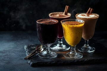 Set of beverages textured dark glass includes a dark chocolate mocha with a sprinkle of cocoa powder, a deep red wine with a cinnamon stick, and a spiced turmeric latte with a dusting of cinnamon