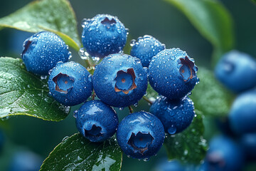 Dew Covered Blueberries On A Branch Of Green Leaves
