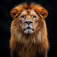 Fototapeta premium A focused, mature male lion is seen in an outdoor setting, with dark fur and a beige mane The image highlights the lions attentiveness and natural environment - AI-generated