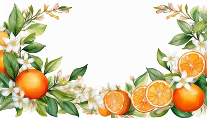 watercolor orange border frame vibrant citrus fruits and blossoms