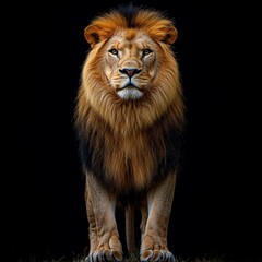 Fototapeta premium Close-up photo of a majestic, brown-black adult lion with a robust mane It exudes pride and strength while focusing off into the distance, possibly in natural habitat or well-maintaine - AI-generated
