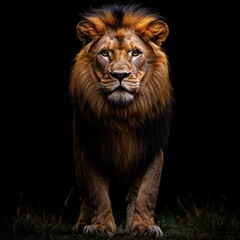 Fototapeta premium A golden-brown lion with a commanding presence stands on grass, silhouetted against a dimly lit background - AI-generated