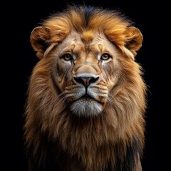 Fototapeta premium Close-up image of a well-groomed lion with an alert expression, showcasing prominent whiskers and a rich mane Image background is dark and not clearly distinguishable - AI-generated