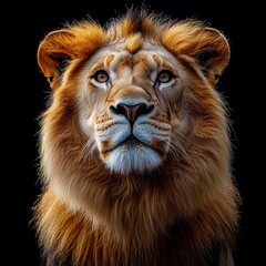 Fototapeta premium Close-up of a regal lion, with brown and white fur, alert ears, and fierce yet gentle eyes against a dark background - AI-generated