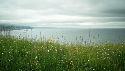 Obraz premium Coastal landscape with grass and sea water beach. Ocean horizon background.