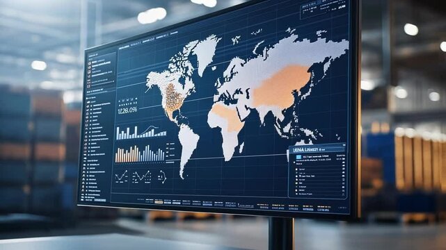 A computer monitor displaying a sophisticated mapping software that visualizes the supply chain network with supply routes logistics hubs and delivery points vividly depicted.