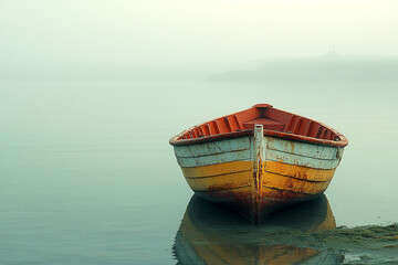 Obraz premium A weathered wooden boat rests on calm misty water