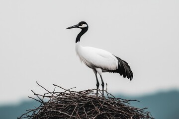 Hooded crane standing on nest built with twigs, preparing for breeding season