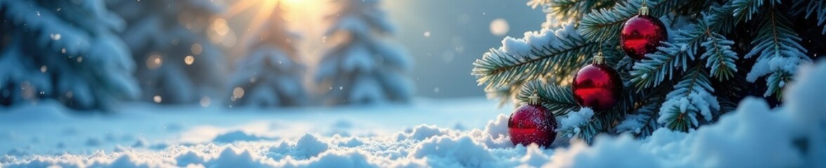 Frosty Christmas tree with red ornaments in snow, snowy landscape, snow