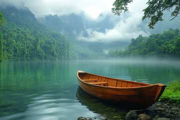Wooden Boat on Misty Lake Surrounded by Lush Green Mountains