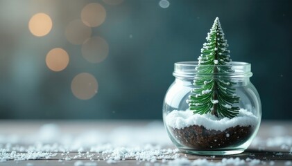 Frosty glass jar filled with tiny Christmas tree branches, snow, mini, decoration