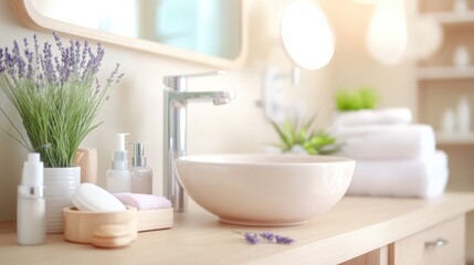 Fototapeta premium Serene Bathroom Sanctuary: A minimalist bathroom vanity showcases a soft pink sink, plush white towels, and fragrant lavender, creating a spa-like atmosphere of tranquility and self-care.