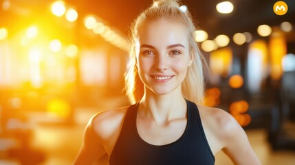 Fitness Goals, Confident Smile: A radiant blonde woman beams with confidence after an intense workout, her smile radiating energy and determination in a gym setting with a warm, golden glow.  
