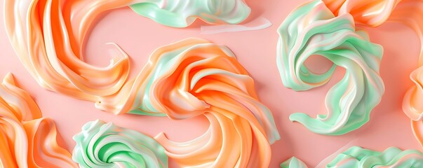 Soft pastel swirls of orange and mint green on a solid pink background.