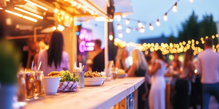 Evening Food Truck Gathering: A lively outdoor gathering at a food truck, with warm string lights illuminating the scene and people enjoying the evening.