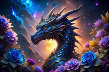 Mystical Dragon with Blue Roses: Fantasy Food Photography