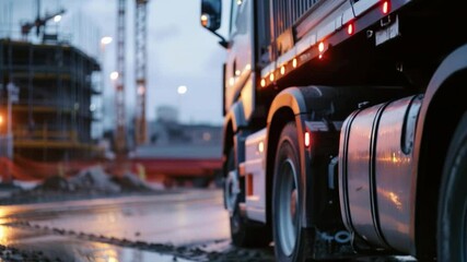 Video with a close-up of a heavy-duty vehicle on a construction site. Useful for advertising transport companies, construction projects, logistics services.
